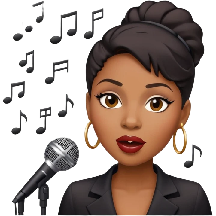 Black female jazz singer with a microphone, expressive face, musical notes emoji