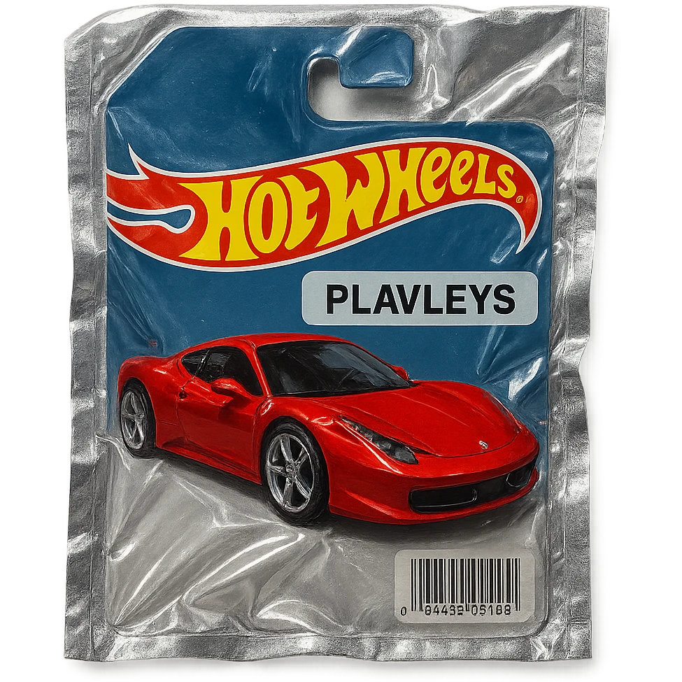 Hot Wheels packaging with a red Ferrari car labeled 'PLAVLEYS', glossy, no background emoji