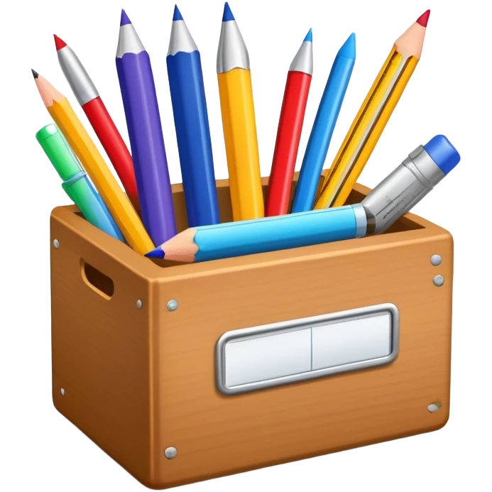 small box of teaching supplies with a pencil, ruler, and markers sticking out emoji