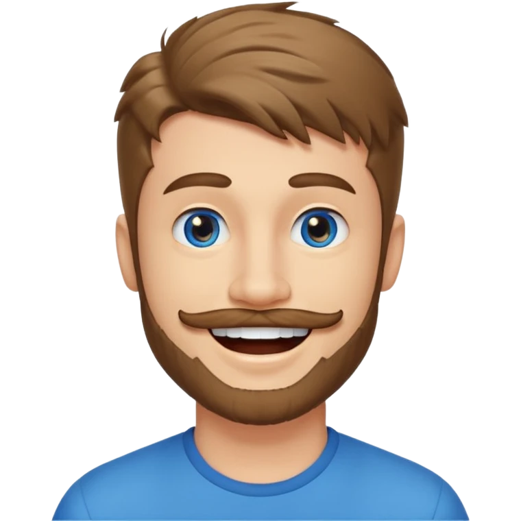 25 year old man, short scruffy beard and thin moustache, brown puffy mullet, blue eyes, big smile, white teeth, big lips, pronounced jaw, hair longer in back, sticking up on top, thin face emoji