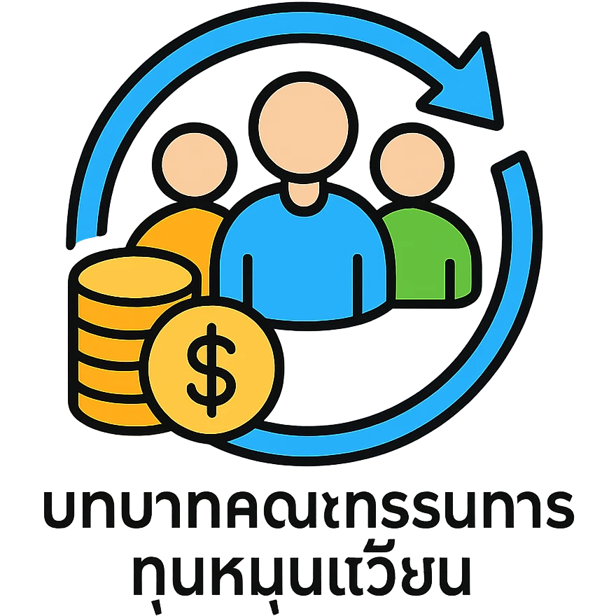 A circular arrow around coins representing revolving funds with committee members, with the text "บทบาทคณะกรรมการทุนหมุนเวียน" emoji