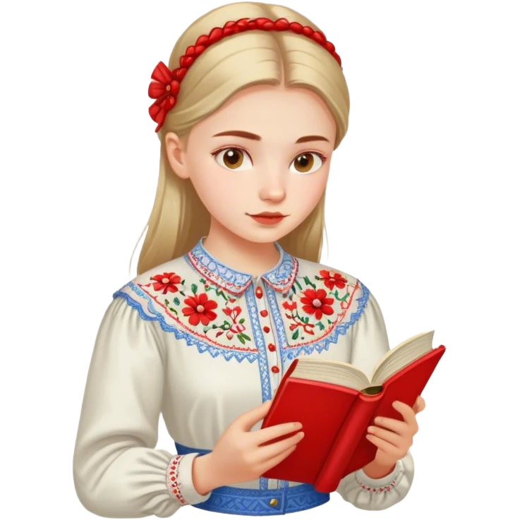 A Ukrainian girl in an embroidered shirt reads a red book emoji