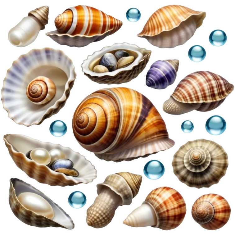A colorful collage of sea snails, clams, and oysters, with intricate shells, pearls, and water droplets. Some shells are open, revealing the soft interior, while others remain closed. Beautiful oceanic background with soft lighting, coral, and aquatic plants. Transparent background. emoji