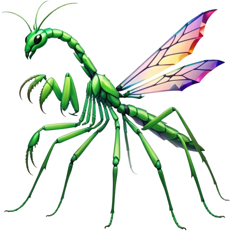 A mantis with limbs and body segments made of colorful crystal formations that refract light into dazzling displays. Its scythe arms are razor-sharp crystal edges. emoji