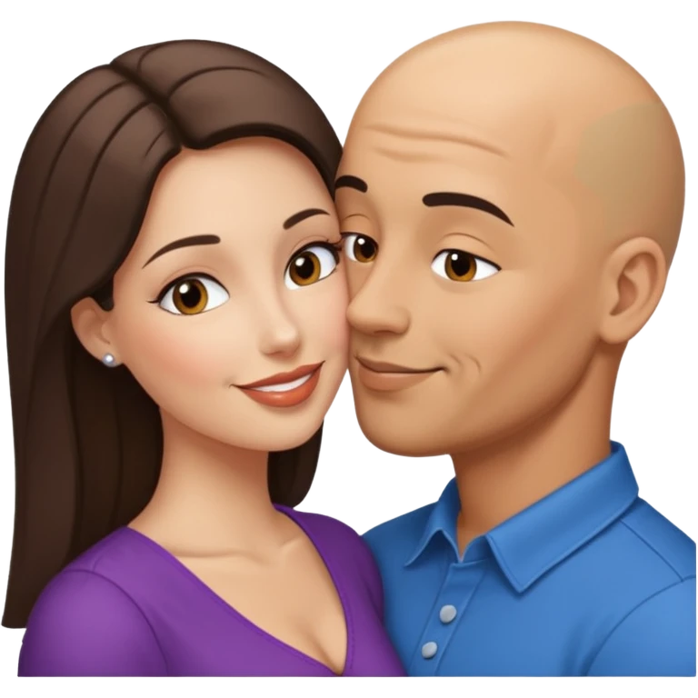 Bald Hispanic man kissing white brunette woman emoji