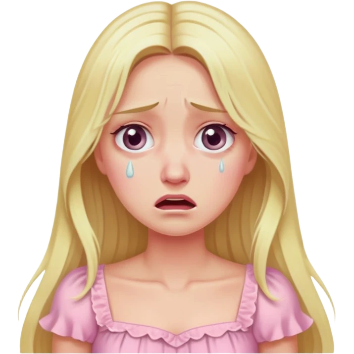 blonde with long hair and swamp eyes in a pink pastel dress, cry emoji