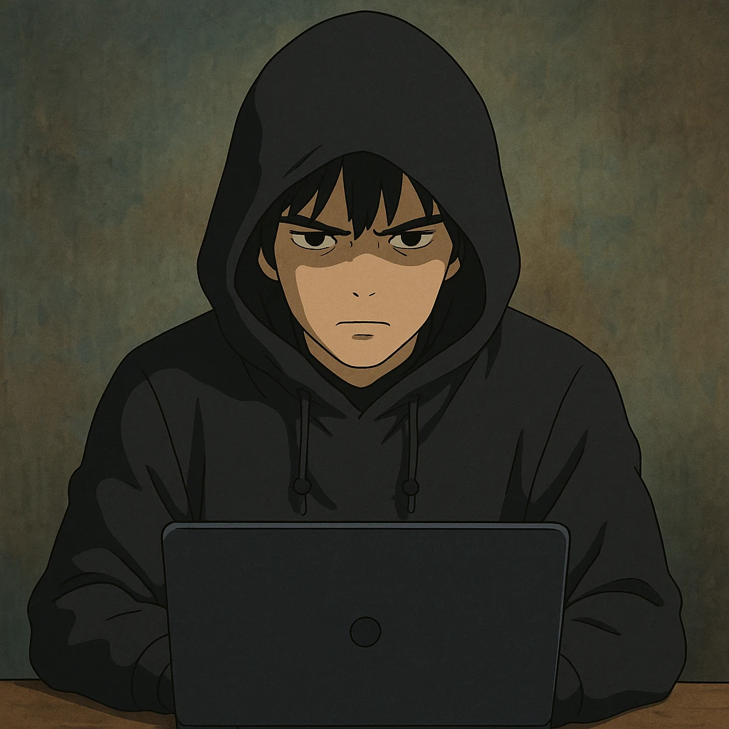 A vigilante hacker in dark clothing behind the labtop view from the front emoji