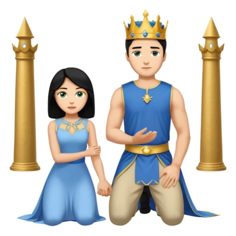 Man as king, standing, black Hair, blue eyes, woman, blonde, green eyes, shott white sleveless Dress, kneeling, background palace emoji