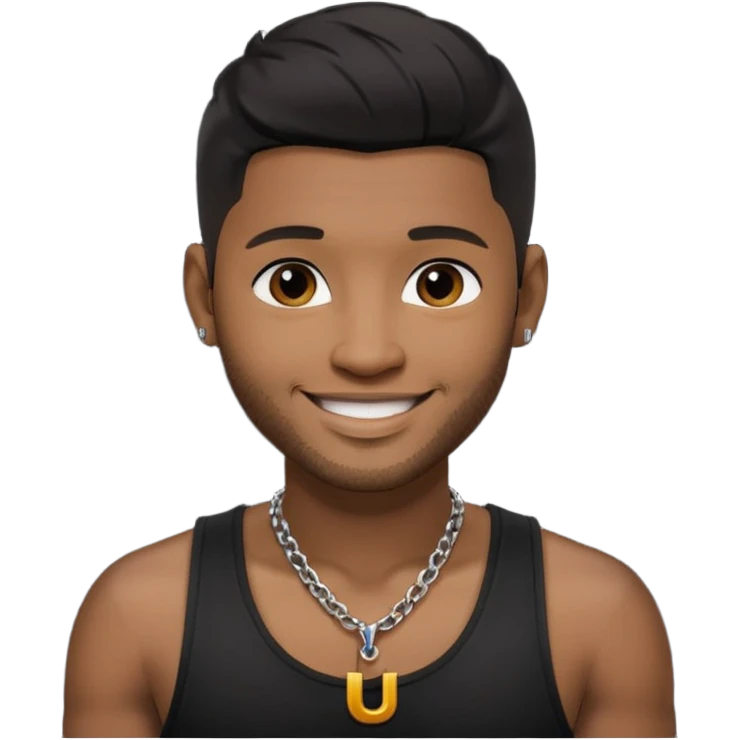 Usher black hair, black tank top with necklace with letter u emoji