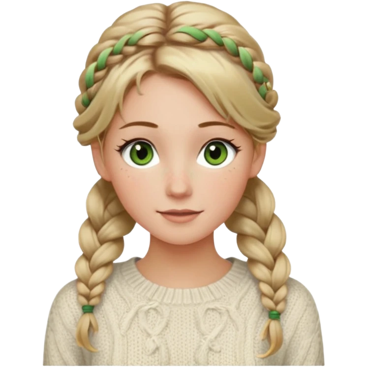 dirty blonde hazel/green eyes woman with a white cable knit sweater and one braid down her back  with tendrils of hair flowing down her face and she is happy pale, some freckles, blush. she has a cateye wing and long lashes emoji