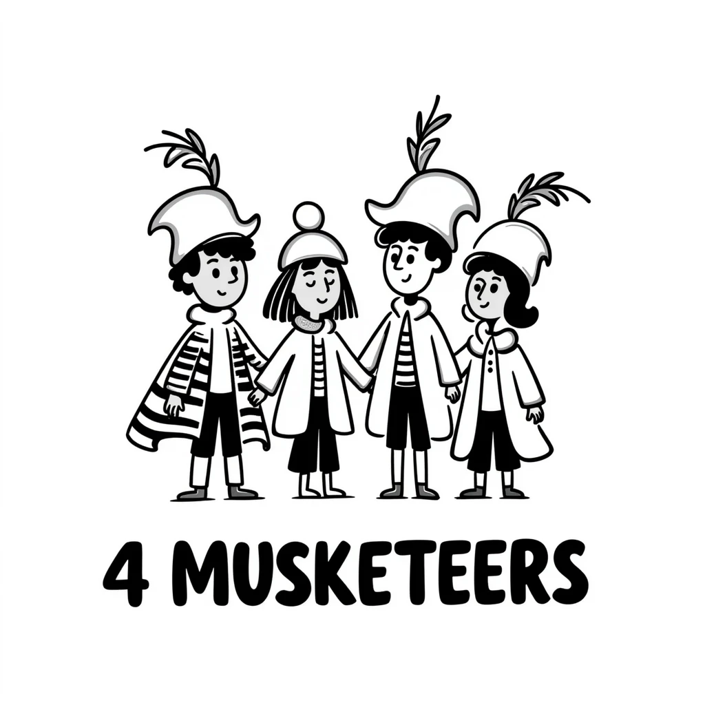 Cute cartoon of four musketeers with feathered hats and capes with the text "4 Musketeers" emoji