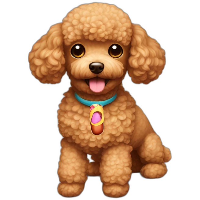 Light brown toy poodle with a hot dog toy emoji