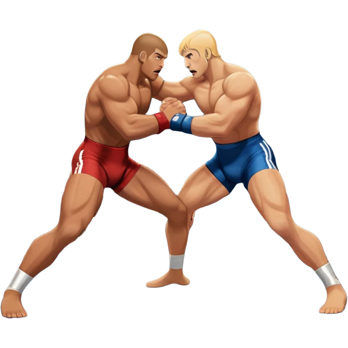 An icon depicting two wrestlers in a grappling stance on the mat, engaged in a fierce combat. One fighter attempts a takedown, while the other resists. The background shows a wrestling arena with bright lights and spectators around the edge of the ring. Transparent background  emoji