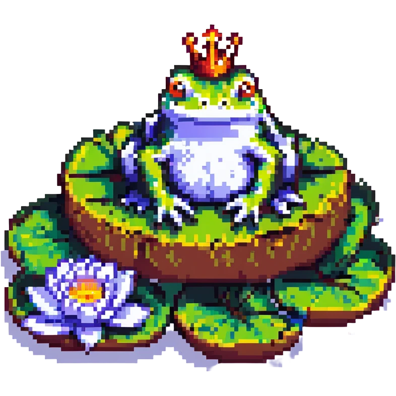 pixel art crowned frog, sitting on a lily pad emoji