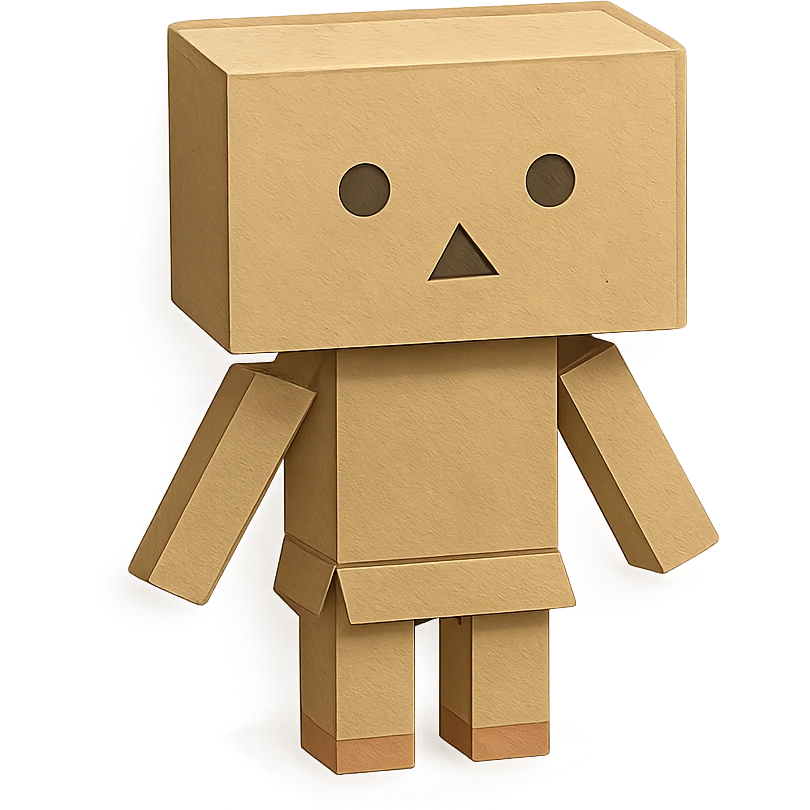 Danbo, the cardboard robot, in a softly lit room with wooden floor, cartoonish style, clean lines, pastel palette, cozy and nostalgic mood emoji
