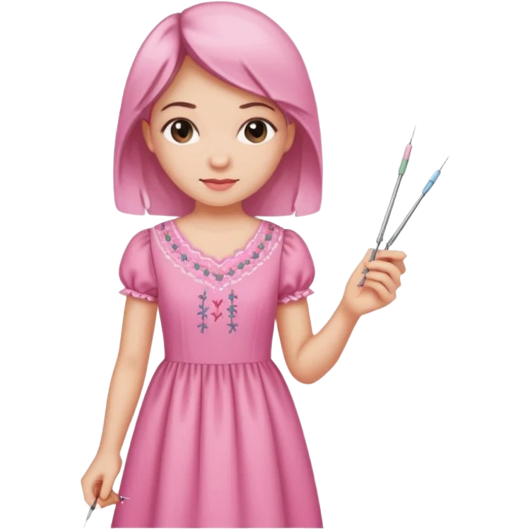 یه دختر با لباس صورتی ودر حال دوختن شماره دوزی emoji