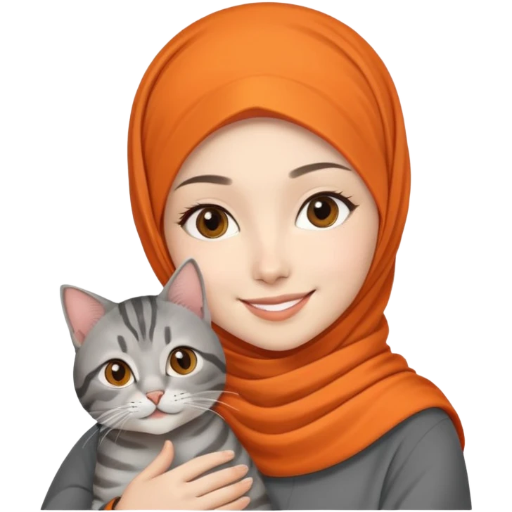Asian White girl wearing orange hijab holding a black grey tabby cat while smiling.  emoji