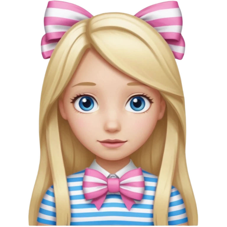 blonde girl long hair middle part, blue eyes,at with a bow emoji
