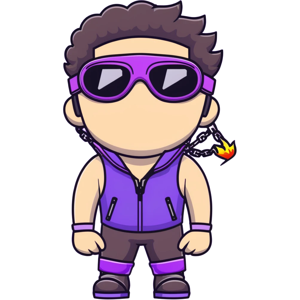 close-up of bad guy male athlete with white skin and moderately curly dark brown hair on top with shaved sides, wearing ski goggles with purple frames and very dark black lenses, a simple plain black chain necklace, and a completely unzipped sleeveless vest with purple and black sequin fire pattern design with no logo, with an extremely arrogant sneer on his face, looking menacing and villainous, exuding overconfidence and a threatening aura emoji