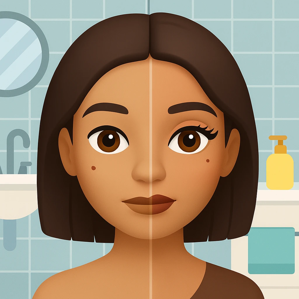 Add a bathroom background behind the Latin girl with half her face clean and half with makeup. The style should resemble emoji style with simple, colorful, and concise features. emoji