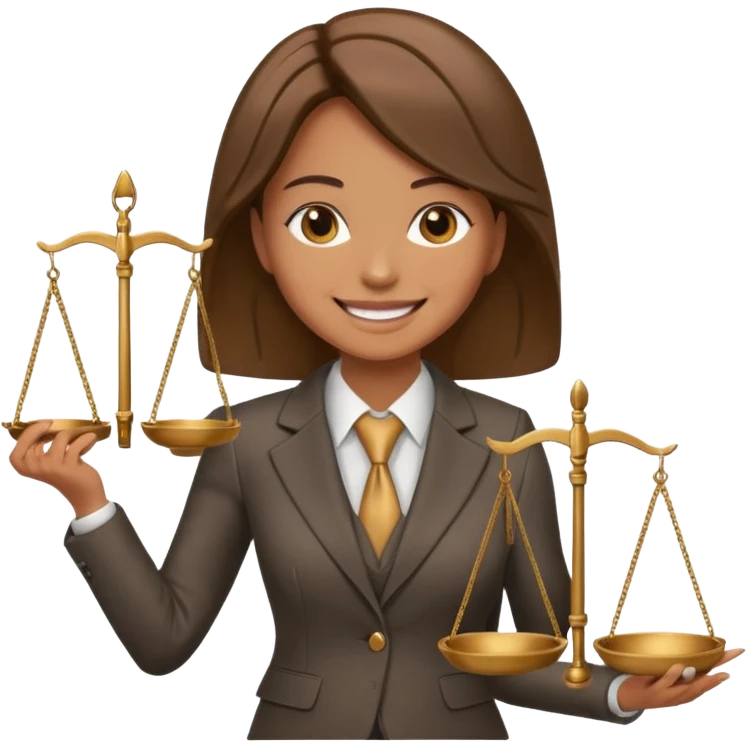 lawyer woman, standing with scales of justice, business suit, smiling emoji
