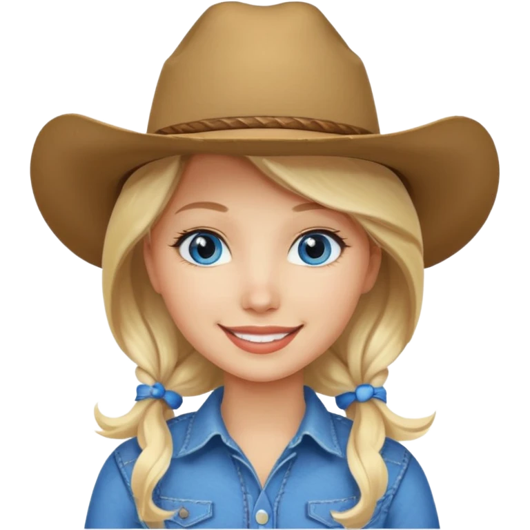 Create a girl emoji that has blonde hair, is white, has a cowboy hat on and blue eyee emoji