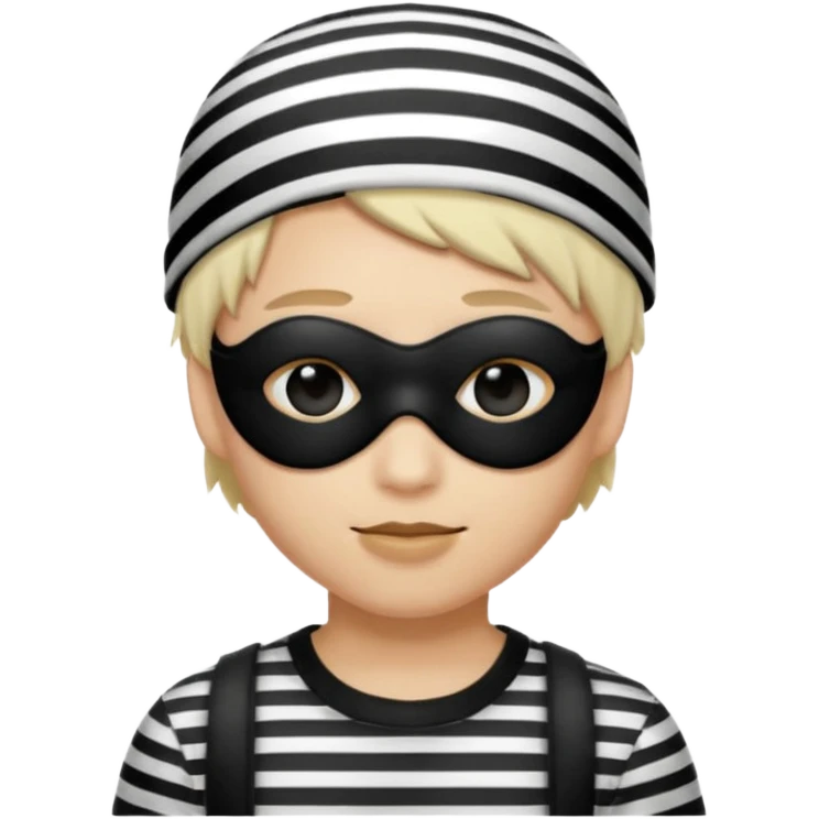 Realistic ios emoji-style portrait of a classic burglar, a black eye mask and a black-and-white striped shirt. Highly detailed, natural skin texture, soft cinematic lighting, realistic shadows, smooth gradients, clean outline, glossy reflections in the eyes. emoji-like hair, burglar’s hat  emoji