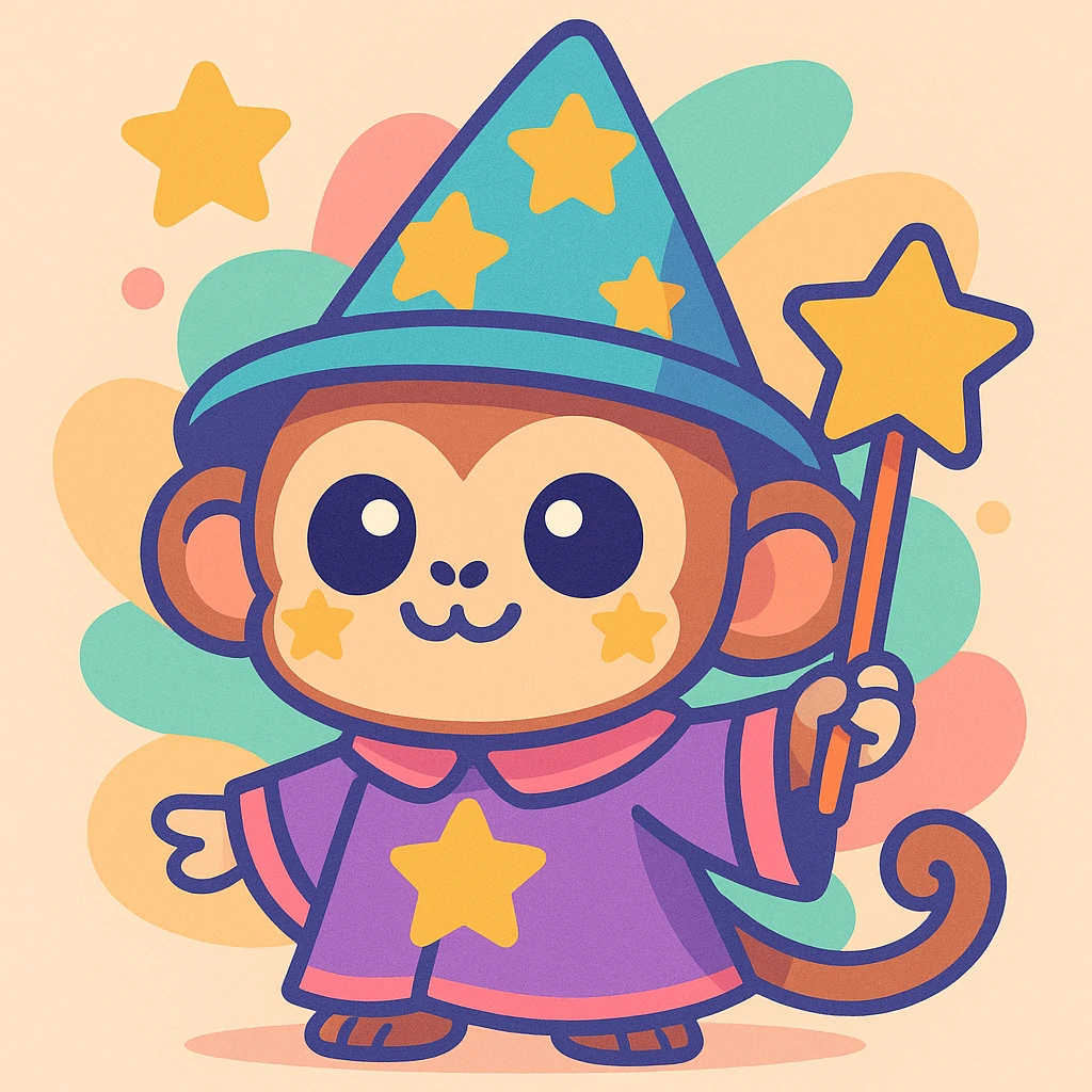 cute and playful wizard monkey, big eyes, star-shaped accessories, pastel colors emoji
