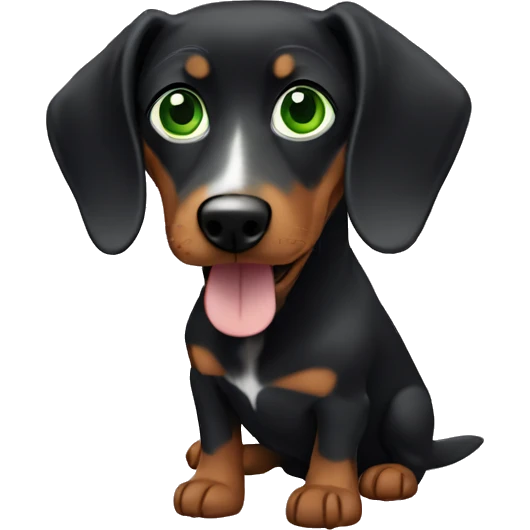 White Lebanese with green eyes holding a black dachshund emoji