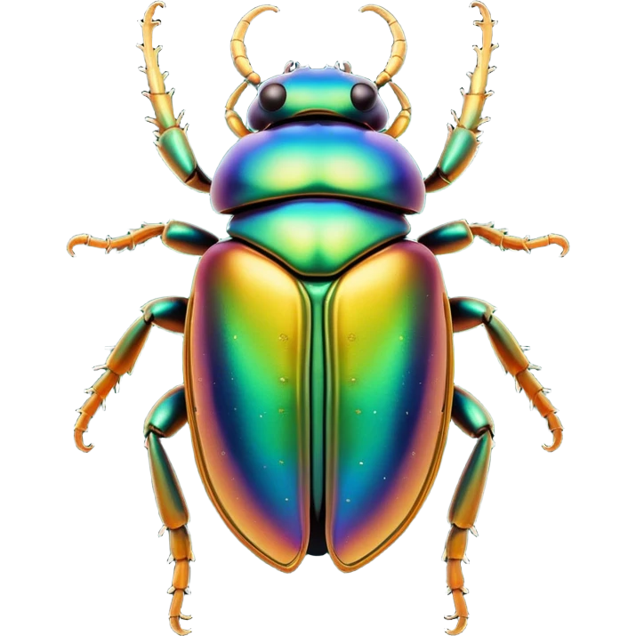Cinematic Noble Beetle Portrait Emoji, Poised and robust, with a shiny, metallic exoskeleton in deep, iridescent hues and intricately detailed patterns, sharp, focused eyes and a sturdy, commanding form, Simplified yet sharply defined features, highly detailed, glowing with a cool, reflective luminescence, high shine, intelligent and resilient, stylized with an air of natural armor, focused and alert, soft glowing outline, capturing the essence of a watchful beetle that appears ready to crawl out of the screen with effortless strength! emoji