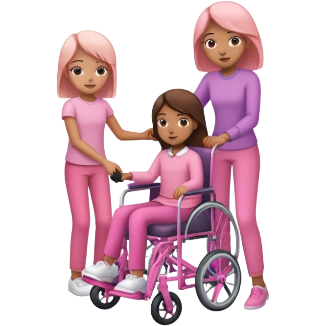 One peach skin sister pushing her light brown skin sister in a pink wheelchair emoji