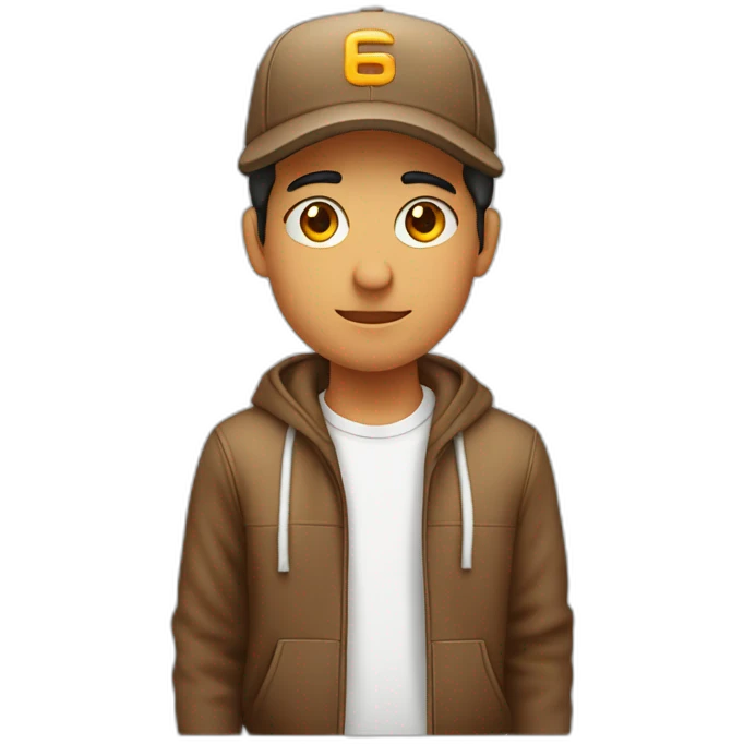 un chico joven, moreno con sudadera y gorra y ojos marrones claros emoji