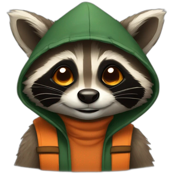 brown raccoon with orange eyes and a dark green hood that is laughing emoji