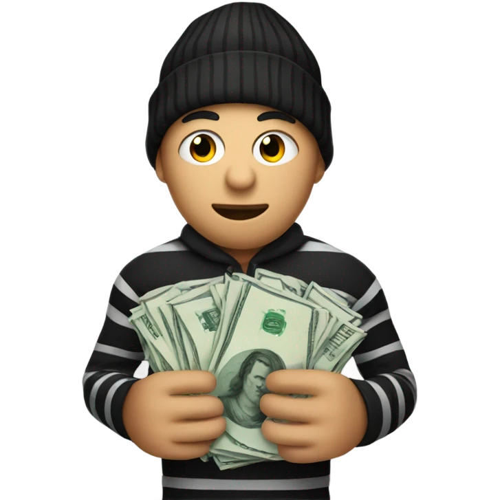 robber wearing criminal striped shirt, a black beanie, holding a money sack. emoji