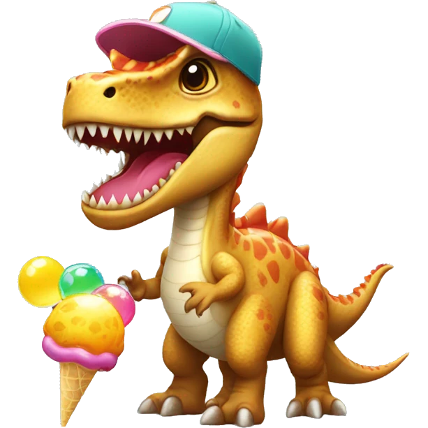 A Dino with a cap and a lolly with bubbles in the back emoji