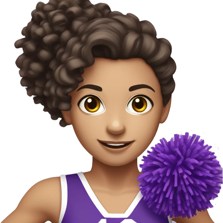 Caucasian cheerleader with dark brown curly hair, holding up purple Pom-poms emoji