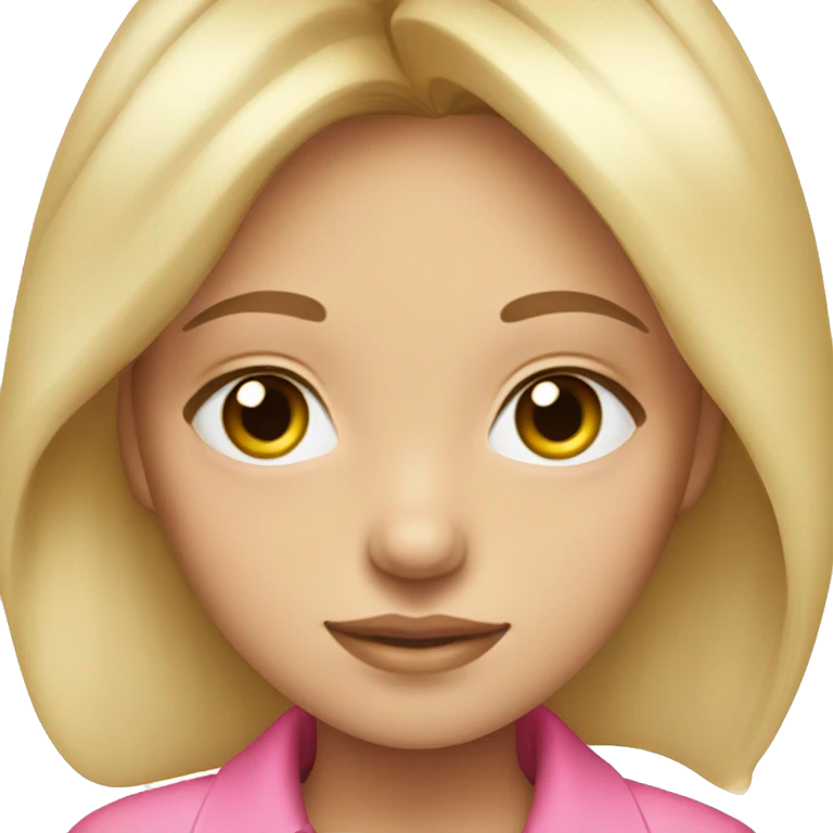 Blonde girl with hazel eyes, has long and thick eyelashes, wearing a pink shirt emoji