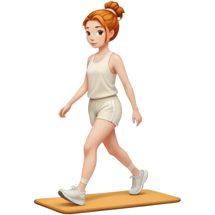 Beautiful Ginger girl messy bun walking on walking pad cream gym outfit emoji