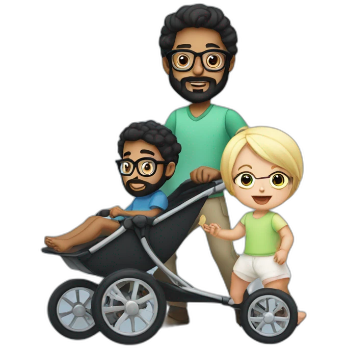 Black haired man with beard and glasses pushing buggy with blonde baby emoji