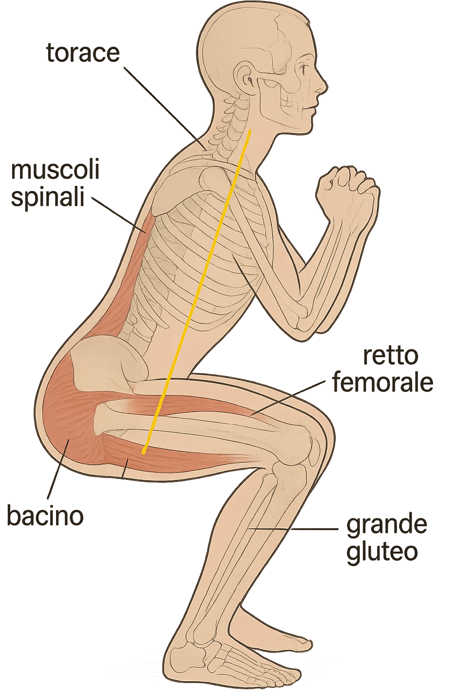 side view of a human figure performing a squat, with transparent overlays showing the skeletal structure. A straight line or highlighted axis connects the pelvis (bacino) and the ribcage (torace), demonstrating correct alignment. Key muscles involved in maintaining posture are labeled. Clean, educational style, white background. emoji