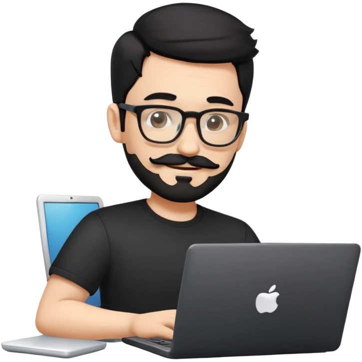 Create an emoji-style illustration of a person using a laptop. The person should have black hair styled similarly to the Apple Memoji, with a mustache, beard, and glasses. The character should be wearing a black shirt and looking at the laptop screen with a focused yet friendly expression. The laptop should be modern, slightly open, and have a glowing screen. The style should match existing emoji aesthetics, with smooth shading, rounded features, and a clean, minimalistic background. emoji