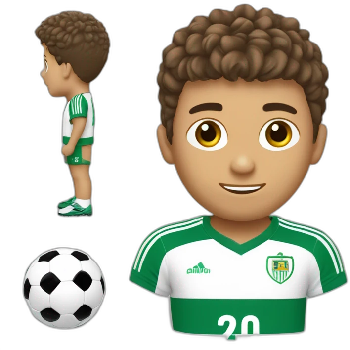 Niño con pelo castaño corto con flequillo y equipación de fútbol del recreativo de huelva emoji