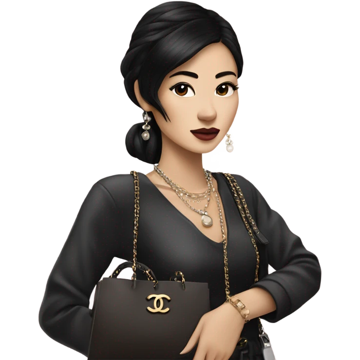 Realistic Dark hair Chanel Asian Girl with Birkin bag and Chanel necklace emoji