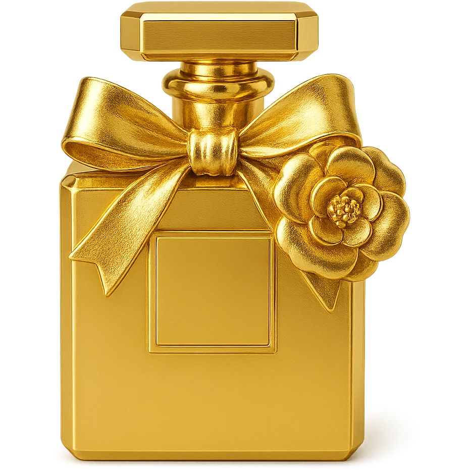 Chanel-inspired perfume bottle, metallic gold, with a ribbon and camellia flower, feminine and stylish emoji