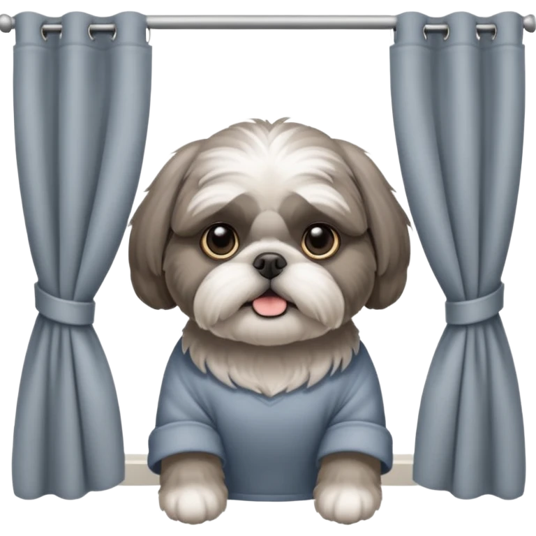 cute all grey shih tzuh behind window shades pulling them open with one paw and peeking through them emoji