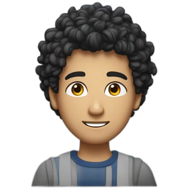 jeune homme avec des cheveux châtains bouclés, des yeux bleus clairs et une chemise noir emoji