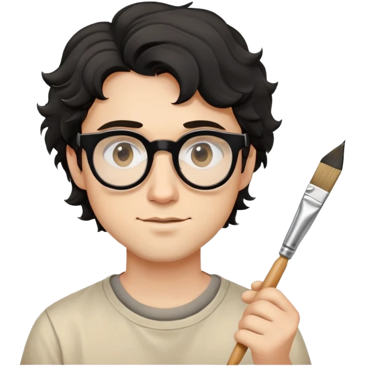 Young caucasian man with black wavy hair, round glasses, beige painting shirt, holding a square paintbrush emoji