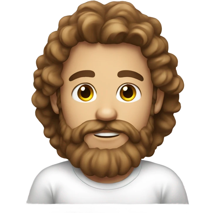 a person with a light beard and long curly hair and brown eyes wearing a white t shirt and looking at the camera s emoji