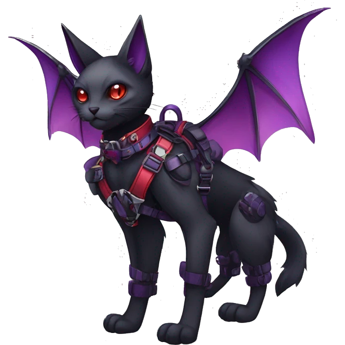 cool kawaii edgy evil techwear black purple red ethereal fantasy beautiful elegant nargacuga-bat-cat-Fakemon wearing legs spats a collar harness with jewelries full body emoji