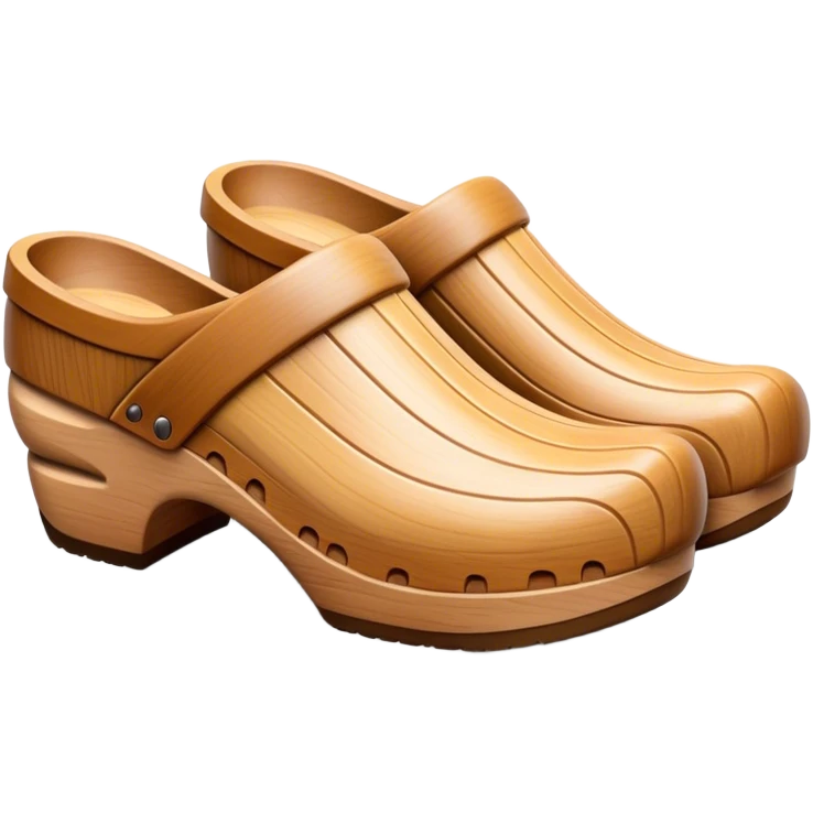 Cinematic Realistic Wooden Clogs Emoji, depicting the classic handcrafted footwear with a smooth, curved design and sturdy wooden soles, rendered with rich textures and warm, natural lighting. emoji